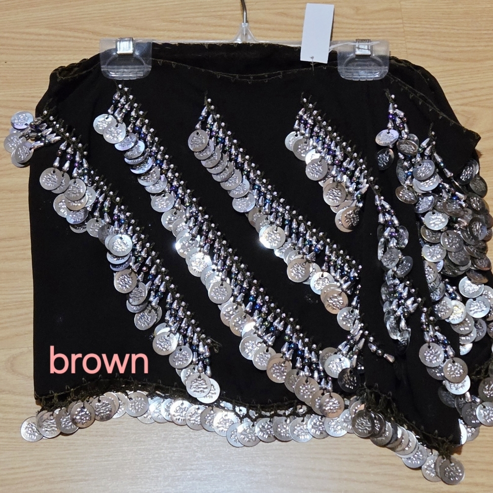 Renaissance Belly Dance Hip Scarf Brown With Silver Coins ~New~ Firm Price